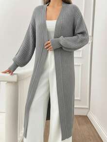 SHEIN Tall Tall Women Casual Solid Black Rib Knit Long Cardigan - Grey - View 7