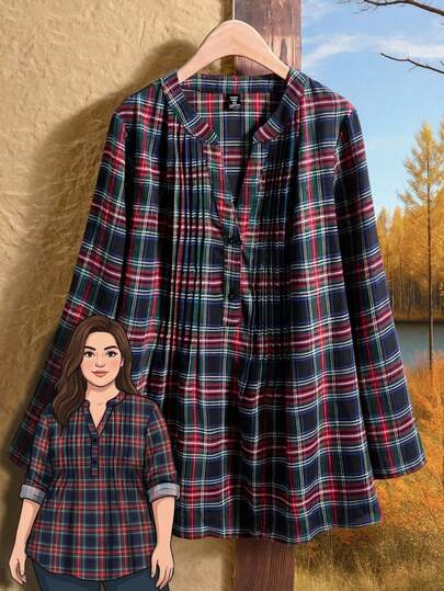 Rusticease 大码格子印花缺口领休闲长袖衬衫