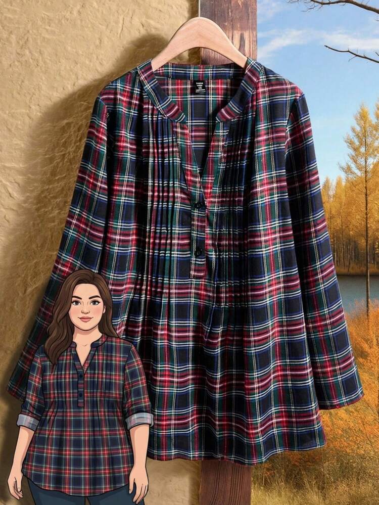 Plus Size Plaid Print Notch Collar Casual Long Sleeve Shirt Plaid Button Up Winter Clothes For Women Christmas Thanksgiving Shirt New Year Look Stylish Women's Blouses Plaid Shirts For Women  Stylish Clothing Collection