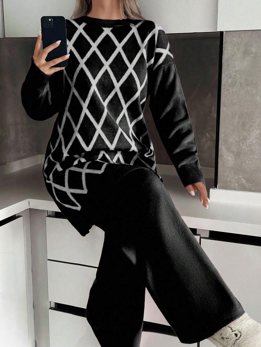 SHEIN Tall Tall Gold Lurex Jacquard Sweater Long Tunic And Solid Sweater Pants Set Elegant And Suitable For Modest Women Winter Sweater Set - Black and White - View 1