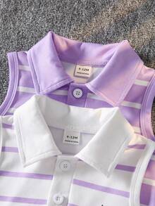 SHEIN Playful Pals 2 chiếc váy polo không tay, kiểu dáng thể thao năng động cho bé gái, màu tím oải hương và trắng sọc ngang, thêu logo ngựa, cổ bẻ, cài nút, eo thấp, viền bèo nhún, chất liệu mềm mại, thích hợp mặc hàng ngày đi học, chơi tennis, golf, nghỉ hè và xuân. - Nhiều màu - Xem 3