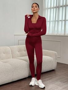 SHEIN Tall 3pcs Black Knit Women Sports Set, Tall Version With Extended Length, Suitable For Summer & Autumn - Burgundy - View 7