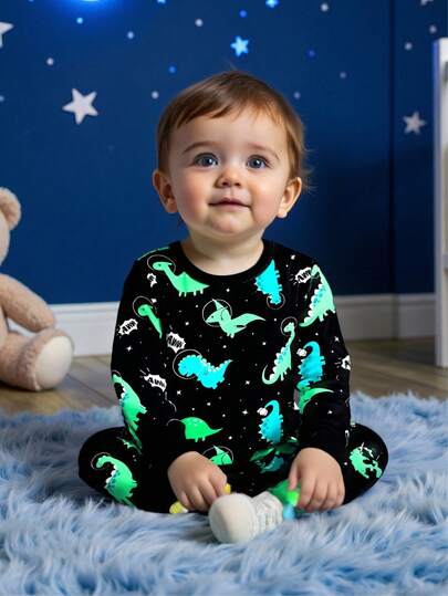 Cozy Pixies 2 piezas Conjunto de pijama ajustado para bebé niño, con patrón de dinosaurio fosforescente, parte superior de cuello redondo de manga larga y pantalón largo de cintura elástica, forro térmico grueso, adecuado para invierno