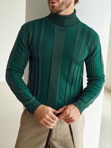 Manfinity Homme 男士纯色高领长袖休闲毛衣，秋冬季 - 墨綠色 - 查看 5