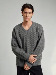 RONVEXI 男士V领长袖时尚百搭毛衣，秋冬款 - 灰色 - 查看 4