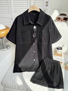 SHEIN EZwear 大碼頂針落肩袖襯衫&短褲