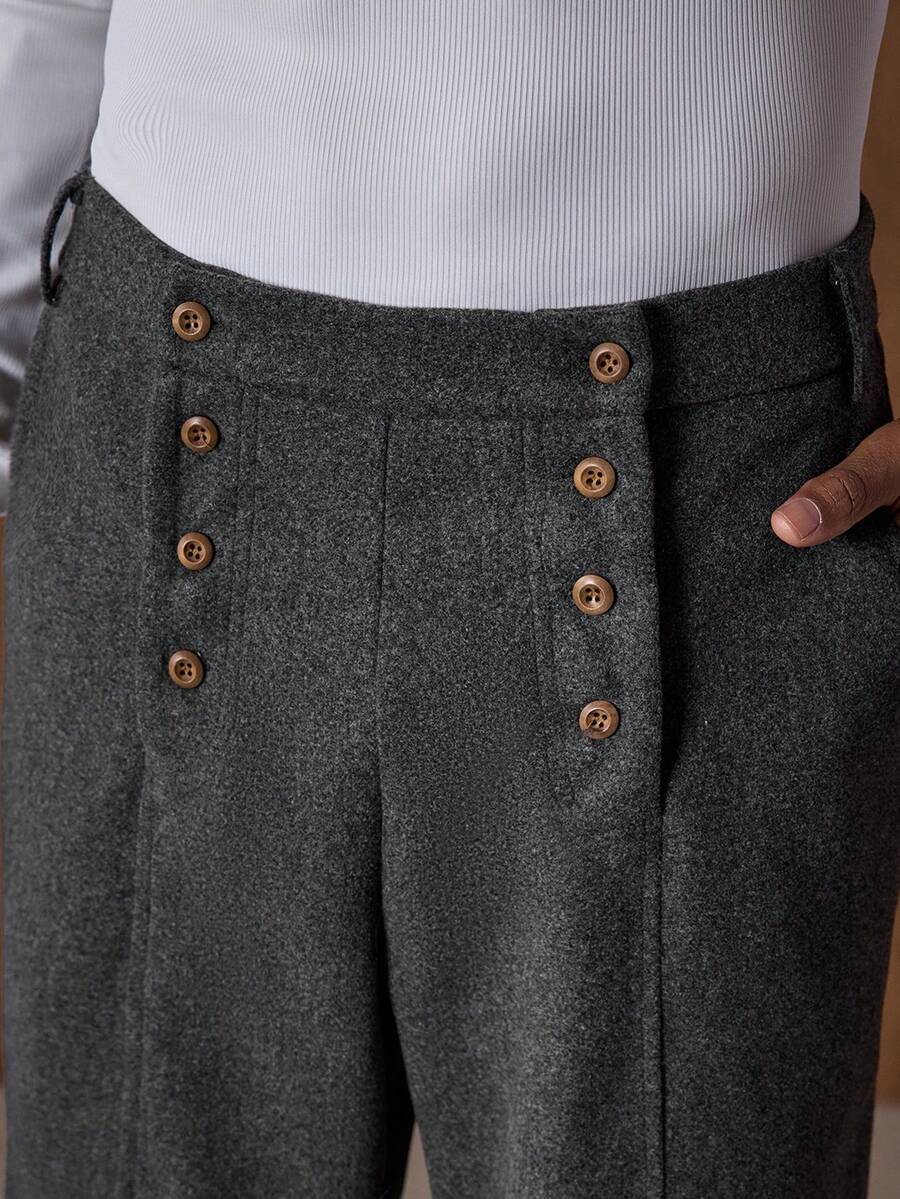 AKNOTIC 男士长裤、商务休闲裤、精选款式、日常百搭、通勤装、秋冬加厚款、高腰显瘦、复古双排扣男士高腰亨利领亚麻长裤、Treaty Oak Revival 男士正装裤、教堂裤、裤装配饰 - 黑色 - 查看 1