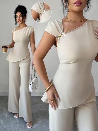 SHEIN Elenzya Women's Solid Color Metal Decor Asymmetric Collar Top And Pants Fashion 2 Pieces Set