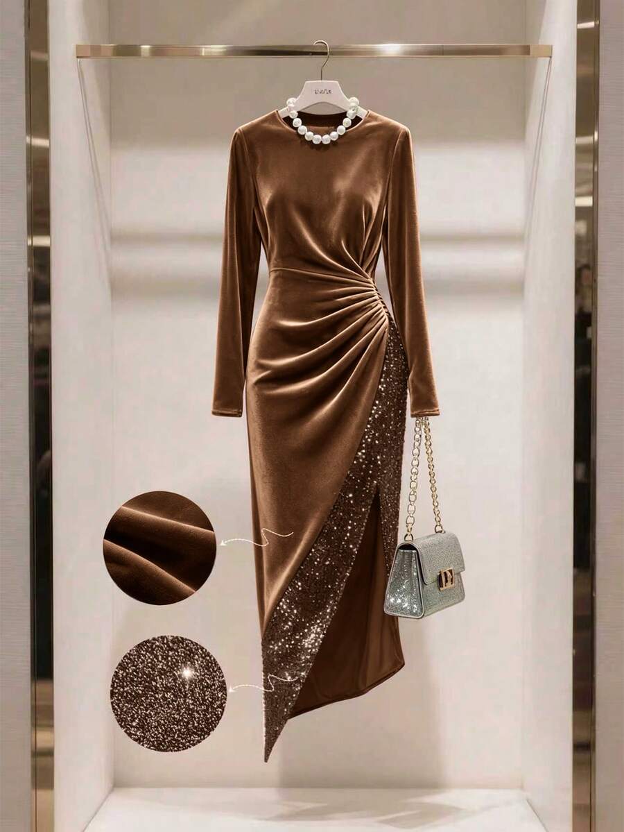 GlowEve 女士天鹅绒修身收腰优雅日常通勤时尚法式街头复古百搭圣诞派对新年假日商务酒红色长袖连衣裙，秋冬款 - 咖啡棕 - 查看 1