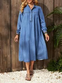 EMERY ROSE Women's Long Sleeve Button Half Placket Casual Loose Denim Dress Winter New Year - Medium Wash - View 4