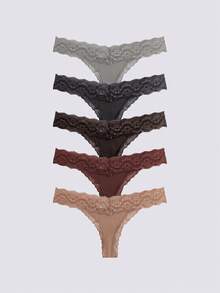 Loungeista 5条装 女士休闲蕾丝拼接低腰丁字裤