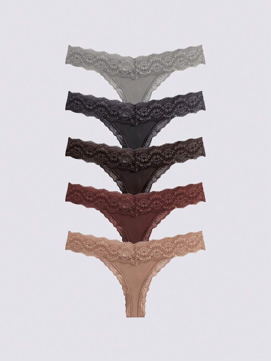 Loungeista 5条装 女士休闲蕾丝拼接低腰丁字裤