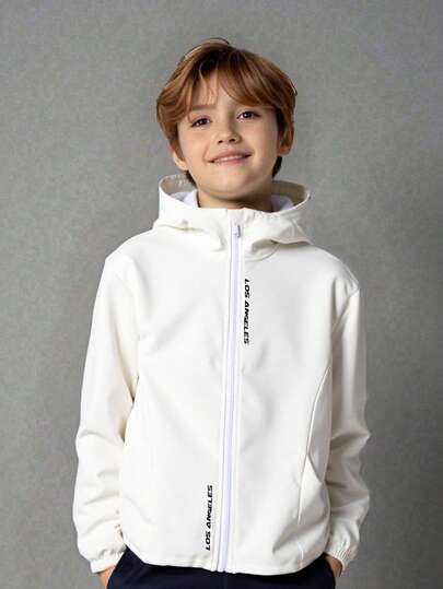 SHEIN 青少年男童休闲日常百搭舒适字母图案连帽衫轻便宽松长袖夹克秋冬女童服装