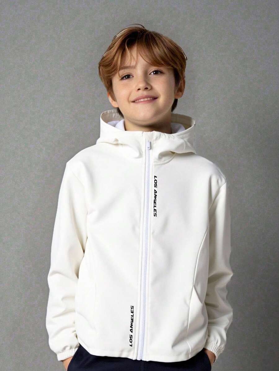 SHEIN 青少年男童休闲日常百搭舒适字母图案连帽衫轻便宽松长袖夹克秋冬女童服装