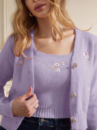 Aveloria Rosie 2pcs Women Floral Embroidery Long Sleeve Knitted Cardigan And Camisole Knit Top Set, Autumn/Winter