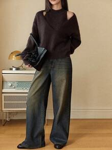 Dazy-Less 棕色宽松休闲百搭套头毛衣，时尚二合一设计，女士秋冬款