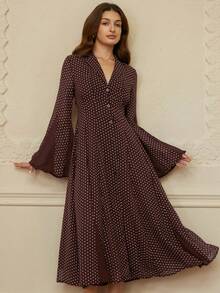 Aveloria Rosie 优雅咖啡色缺角领单排扣腰部褶裥长袖A字衬衫裙（女款） - 咖啡 - 查看 3