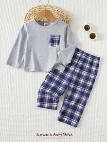 Cozy Pixies 2pcs Baby BoyCasual Set, Contrast Color Patch Pocket Crew Neck Soft Knit Sweater And Elastic Waist Classic Plaid Pants - Multicolor - View 9