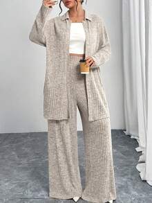 Modelyn 大码女式纯色落肩长袖单排扣长袍和裤子阿拉伯套装 - 杏色 - 查看 1