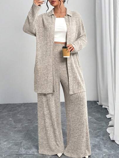 Modelyn Plus Size Women's Solid Color Drop Shoulder Long Sleeve Single-Breasted Robe And Pants Arabic Set