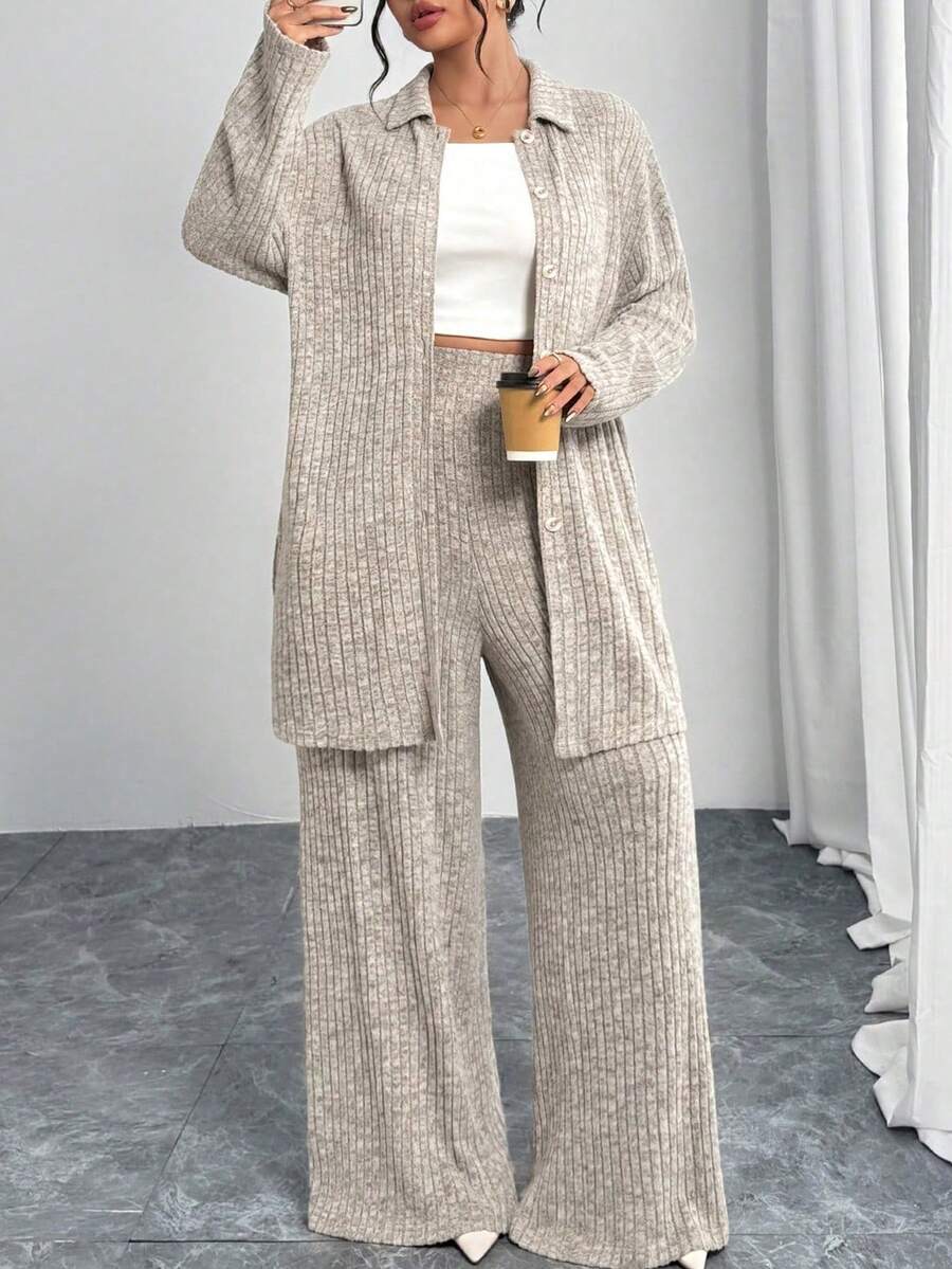 Modelyn 大码女式纯色落肩长袖单排扣长袍和裤子阿拉伯套装 - 杏色 - 查看 1