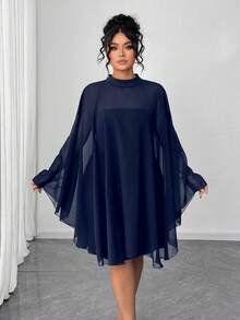 Elenzga 大码女士简约时尚雪纺披肩和无袖短裙两件套 - 藏蓝色 - 查看 6