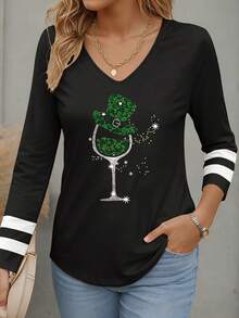 EMERY ROSE 女款绿色四叶草印花休闲V领长袖T恤 - 黑色 - 查看 1