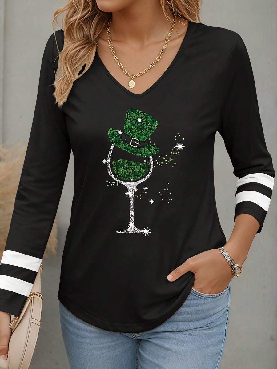 EMERY ROSE 女款绿色四叶草印花休闲V领长袖T恤 - 黑色 - 查看 1