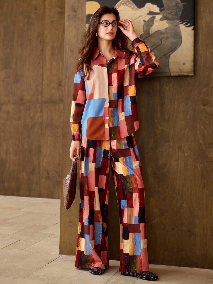 Hansera 2pcs Set: French Pattern Print Long Sleeve Concealed Placket Shirt & Wide Leg Pants, Suitable For Daily, Elegant, Outdoor, Retro, Autumn/Winter Outfits,Christmas Outfit For Women,Graphic Tee,Graphic Tees Women,Elegant Blouses For Women,Red - Multicolor - View 1