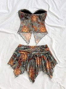 Soleia Women's Apricot Lace Top And Skirt Set, Suitable For Vacation, Beach, Music Festival, Party, Summer Outfit - Multicolor - View 2