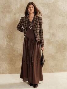 Florisole 女士V领长袖公主线连衣裙，仿麂皮绒和梭织面料拼接设计，休闲日常穿着 - 巧克力棕 - 查看 8