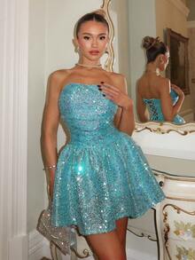 Glamine Charm 女士亮片抹胸连衣裙，俏皮名媛A字迷你连衣裙，派对鸡尾酒裙 - 水鴨藍 - 查看 2