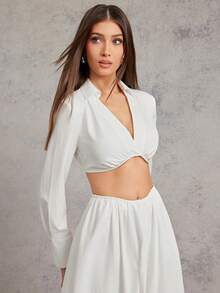 L'Amorae Women's Solid Color Long Sleeve Cropped Shirt, Suitable For Commuting - White - View 1