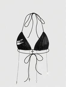 ROMWE Avant Bộ bikini 2 mảnh bó sát lưng thấp trang trí da PU phong cách Retro Gyaru Biker dành cho nữ - màu đen - Xem 9
