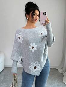 SHEIN Elenzya Áo len chui đầu họa tiết hoa jacquard rộng rãi, viền bất đối xứng dành cho nữ, Thu/Đông - Xám - Xem 3