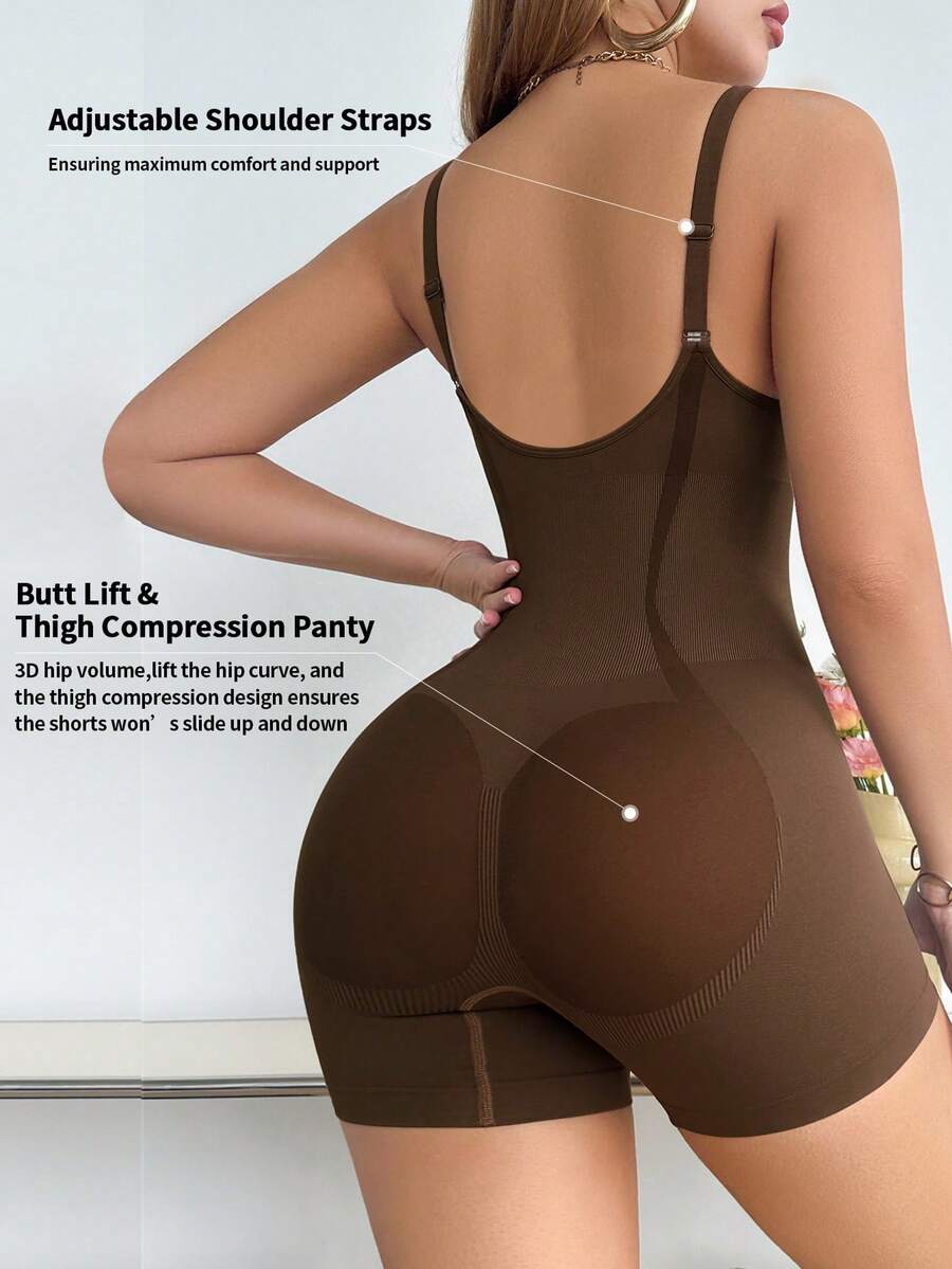 SHEIN 1pc Women's Solid Color High Elasticity Bodysuit - Chocolate Brown - View 1