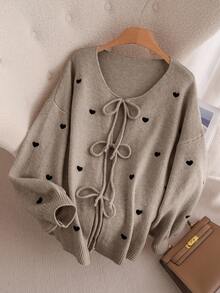 CosyJoli Plus Size Women Heart Knitted Cardigan, French Elegant Fashion Autumn/Winter Sweater Coat Bow Sweater Sweater For Women Pullover For Women Cute Sweater - Camel - View 5