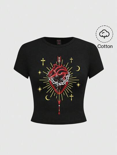 Gothic Palast Dunkel Herz Sonne & Mond Grafik Schwarz Slim Fit Kurzarm T-Shirt für Frauen
