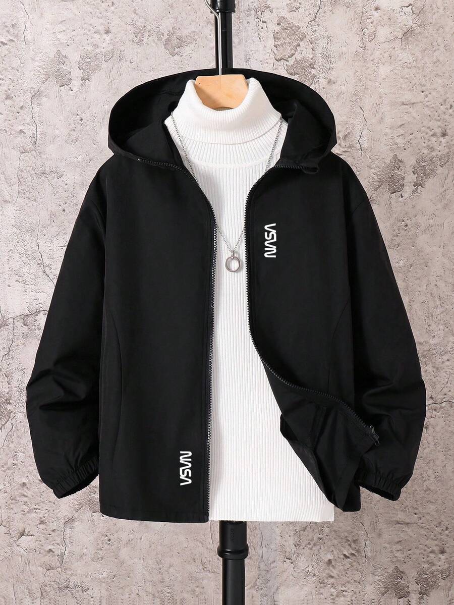 SHEIN 男童休闲日常百搭舒适字母印花宽松轻便连帽夹克 - 黑色 - 查看 1