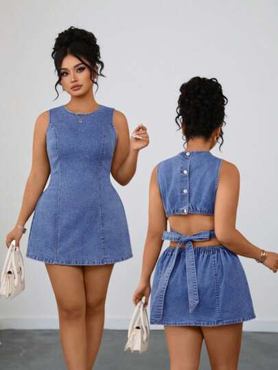 Elenzga Plus Size Women's Sexy Washed Open Waist Sleeveless Mini Denim Dress