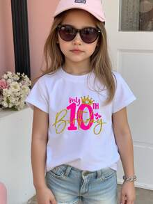 Tween Girls' "My 10th Birthday" 3D Sequin Crown Print Crew Neck Short Sleeve White T-Shirt Girls Birthday T-Shirt - White - View 3