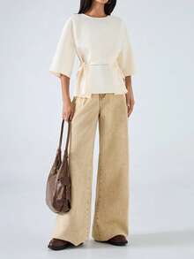 LYSMO 2026 New Arrive Minimalism Spring/Summer Women's Butter Yellow Top Solid Color Round Neck 3/4 Sleeve Side Tie Waist Casual Shirt Casual Outfit For Women Going Out Outfits Streetwear Peplum Top Work Outfits Office Outfits For Women Summer Outfit For Women Blouse With Belt Blouse With Garterized Waist For Women - Light Yellow - View 4