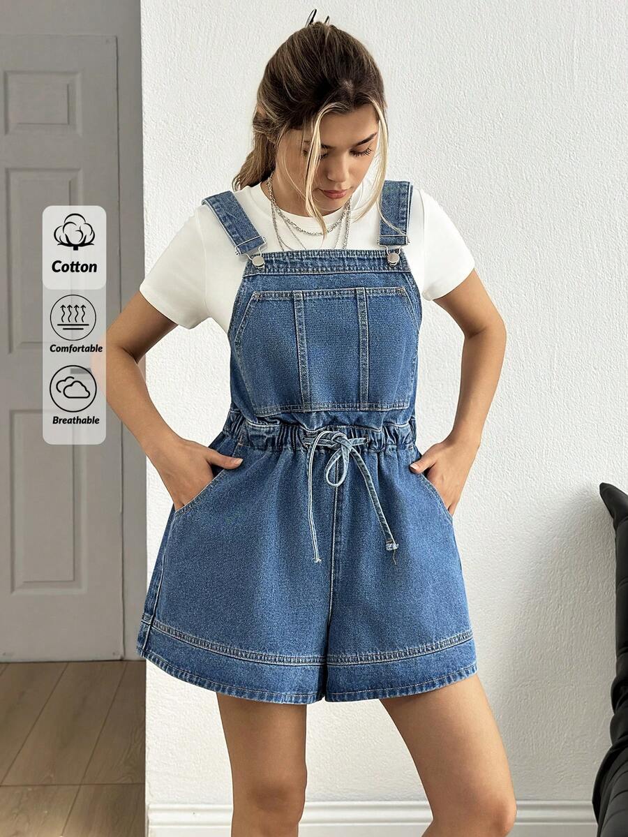 SHEIN 女士牛仔背带连体裤 – 高腰、可调节肩带、弹性腰带、硬挺棉质 - 中等水洗藍 - 查看 1