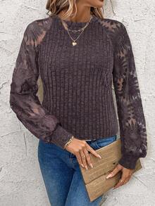 SHEIN Clasi Women's Fuzzy Patchwork Sunflower Lace T-Shirt - Coffee Brown - View 3