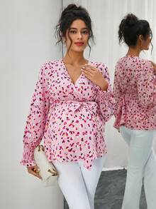 SHEIN Women's Floral Print V-Neck Tie Front Maternity Nursing Blouse, Autumn - Pink - View 1