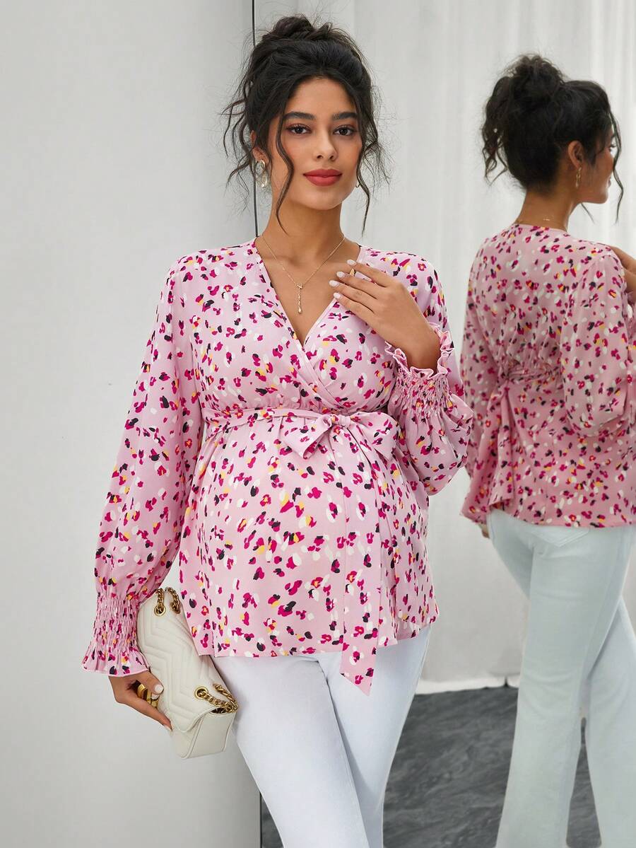 SHEIN Women's Floral Print V-Neck Tie Front Maternity Nursing Blouse, Autumn - Pink - View 1