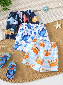 SHEIN Bộ 3 món quần áo trẻ em unisex, bộ đồ bơi và quần short đi biển họa tiết hoạt hình đại dương cho bé trai, thích hợp cho bãi biển, hồ bơi, khu nghỉ dưỡng spa. - Nhiều màu - Xem 4