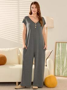 Momelise Plus Size Women's Solid Color V-Neck Button Design Pocket Wide Leg Casual Jumpsuit - Grey - View 4