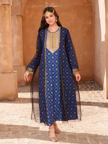 Teen GirlGlamorous Party Celebration Outfit Set: Long Sleeve Robe, Abaya Robe, Mesh Overlay Jacket, Gold Collar Flower Decor - Royal Blue - View 7