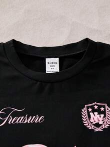 SHEIN 2件套女童休闲可爱简约67号印花圆领短袖T恤和短裤，黑色 - 黑色 - 查看 6